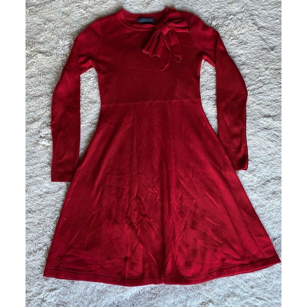 Jessica Howard Coquette Bow Christmas Holiday Quiet Luxury Red Sweater Dress Sm.